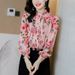 Floral Print Chiffon Blouse – Elegant Peplum Top With Stand Collar & Flutter Sleeves (S-3xl, Breathable Acetate Blend)_ecoleips.com