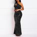 Women's Clothing Fashion Sequined One Shoulder Solid Color Backless Fishtail Sequined Dress Evening Dress_ecoleips.com