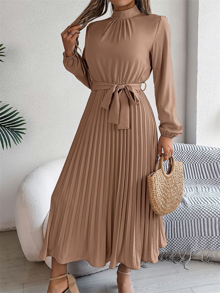 Elegant Stand Collar Full Sleeve Closed Waist Pleated Dress Women Autumn Winter Long Dress_ecoleips.com