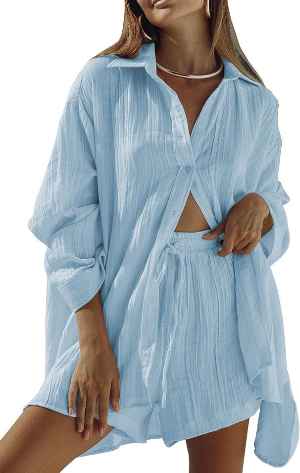 European American Style Women's Casual Two-Piece Set 2023 Summer New Long Sleeve Shirt Top And Shorts Sports Suit_ecoleips.com