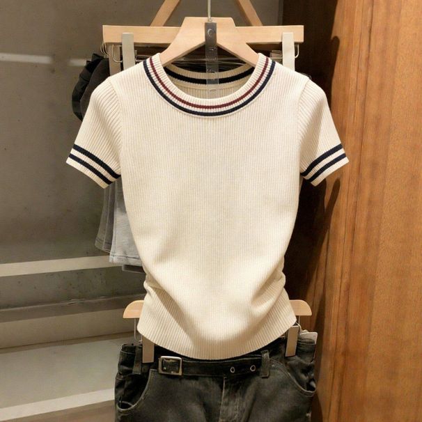 Women's Round Neck Short Sleeve Sweater Korean Style Knitwear Trendy Apricot Color Spring Summer_ecoleips.com