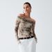 Voya Women's European And American Style Retro 3D Print Sexy Off-Shoulder Ruched Crop Top Slim Fit T-Shirt For Women 2024 Spring New_ecoleips.com