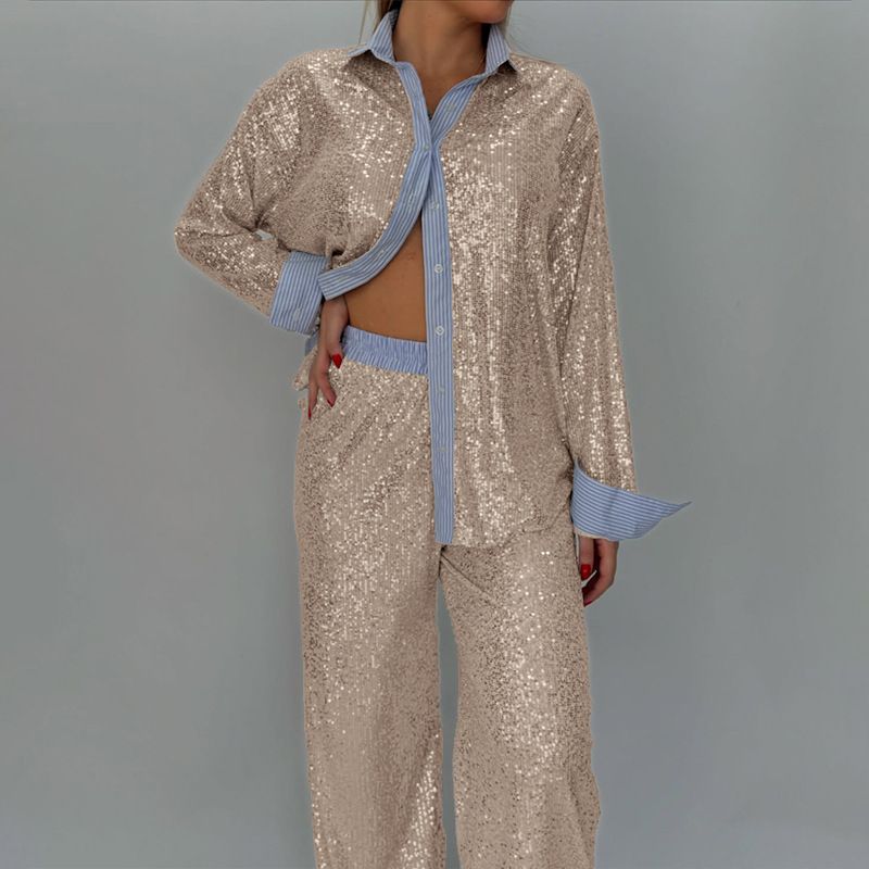 Women's Clothing Loose Casual Sequined Suit Jacket Wide Leg Pants Two Piece Suit_ecoleips.com