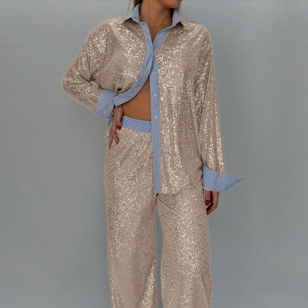 Women's Clothing Loose Casual Sequined Suit Jacket Wide Leg Pants Two Piece Suit_ecoleips.com