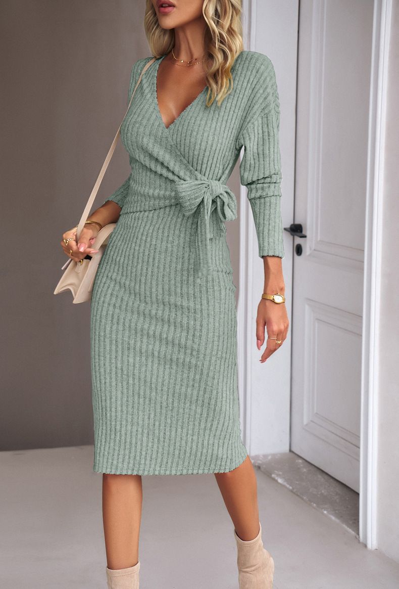 Elegant V-Neck Long Sleeve Wrap Dress With Belt Detail - Stylish Knitted Midi Dress For Women, Office & Evening Wear (Gray, Black, Beige, Ocean Green)_ecoleips.com