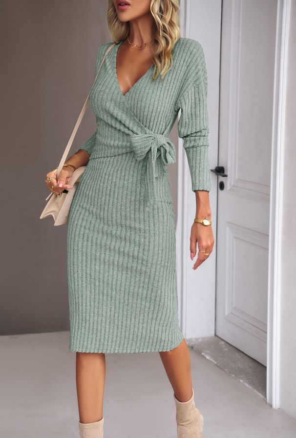 Elegant V-Neck Long Sleeve Wrap Dress With Belt Detail - Stylish Knitted Midi Dress For Women, Office & Evening Wear (Gray, Black, Beige, Ocean Green)_ecoleips.com