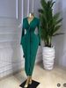 Women's Long Sleeved V Neck Pleated Slit Maxi Dress European American Style Sexy High Elastic_ecoleips.com