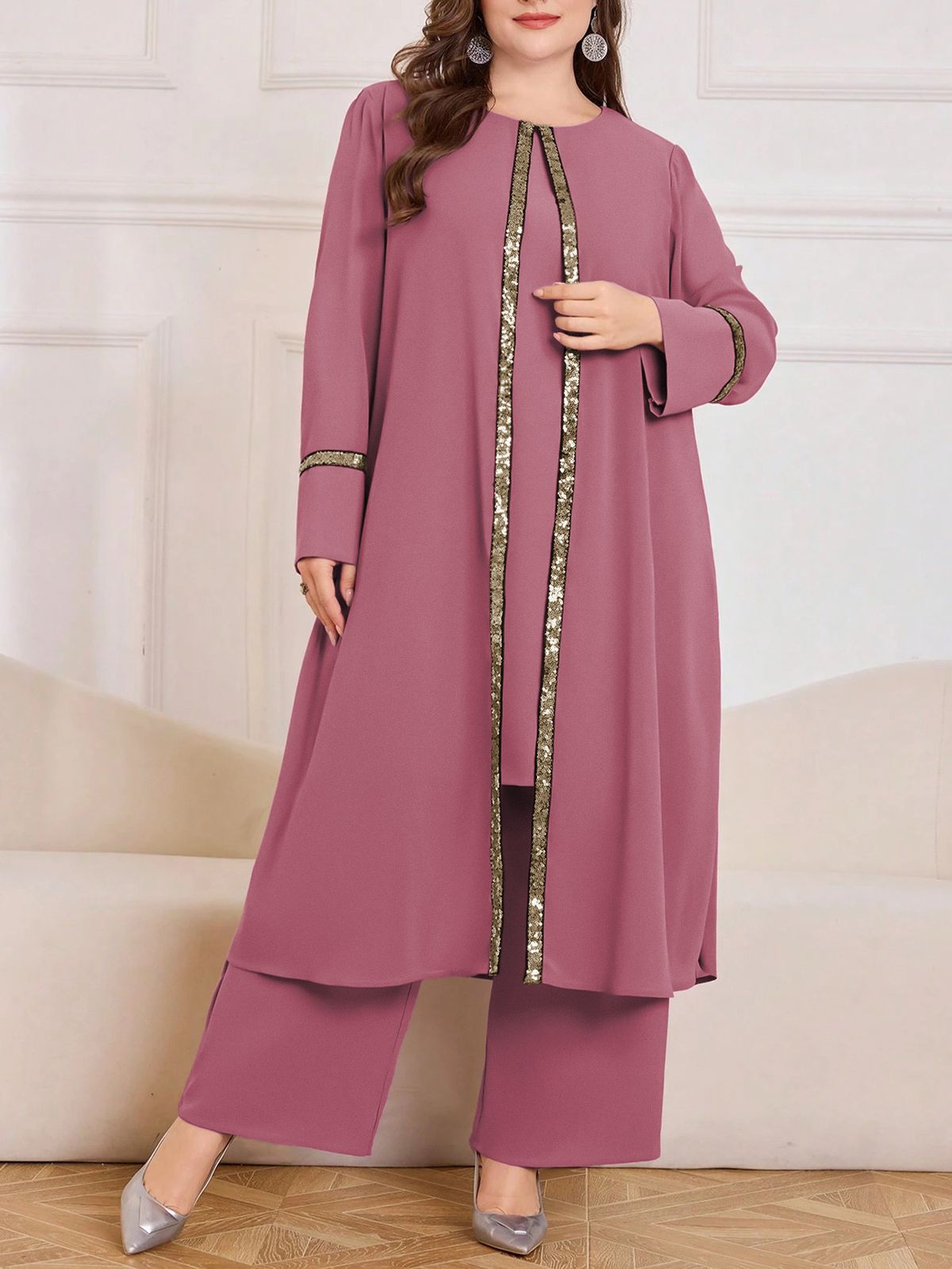 Modest Evening Dress Women's Middle Eastern Traditional Attire Solid Color Sequined Long Sleeved Top With Loose Fitting Trousers Casual Muslim Suit_ecoleips.com