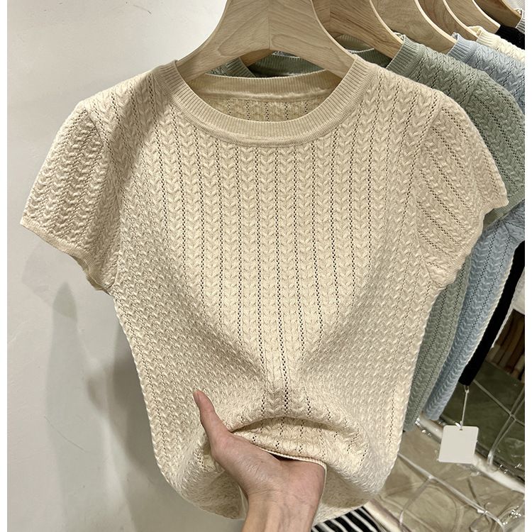 Women's Short Sleeve Knitted Top round Neck Hollowed out Lightweight Base Layer Design Solid Color Spring Summer 2026 New Style Short Length_ecoleips.com