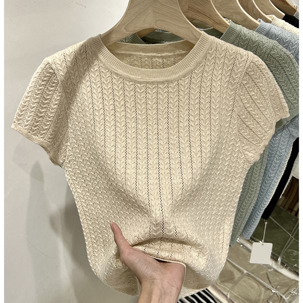 Women's Short Sleeve Knitted Top round Neck Hollowed out Lightweight Base Layer Design Solid Color Spring Summer 2026 New Style Short Length_ecoleips.com