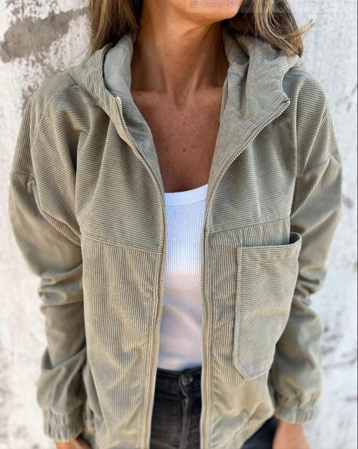 Women's Clothing Women's Solid Color Corduroy Jacket With Hood Simple Style Autumn Outerwear For Formal & Casual For Women_ecoleips.com