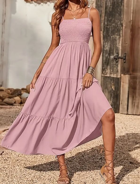 Women's Spaghetti Strap Summer Ruched Layered Bohemian Sleeveless Long Beach Dress_ecoleips.com