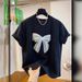 Women's Pure Cotton Short Sleeve T-Shirt European Style Heavy Beaded Bow Loose Fit Versatile Slimming Top For Youthful Look_ecoleips.com