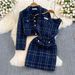 Women's Autumn Winter Tweed Jacket Set Long Sleeve Waist Vest Hip Dress Two Piece Outfit Xiaoxiang Style Temperament_ecoleips.com