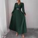 Elegant V-Neck Maxi Dress With Metallic Accents, Flowy Long Sleeve Ruffle Dress For Women, Chic A-Line Casual & Office Dress_ecoleips.com