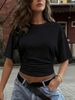Women's Summer Smocked Waist T-Shirt - Slim Fit Round Neck Short Sleeve Top In Solid Colors_ecoleips.com