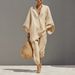 Women's Breathable Summer Lounge Set Linen Blend Batwing Sleeve V-Neck Tunic Wide-Leg Pants Casual Comfortable Fabric_ecoleips.com
