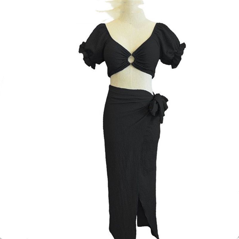 Goddess Style Conservative Long Dress Short Sleeved Swimsuit Slim Fitting Sexy Bikini Three Piece Set Women's Clothing Swimwear_ecoleips.com