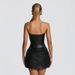 Women's Sexy PU Pleated Fishbone Strapless A-Line Dress D25DS451 European American Style Solid Color Autumn Cross Border_ecoleips.com