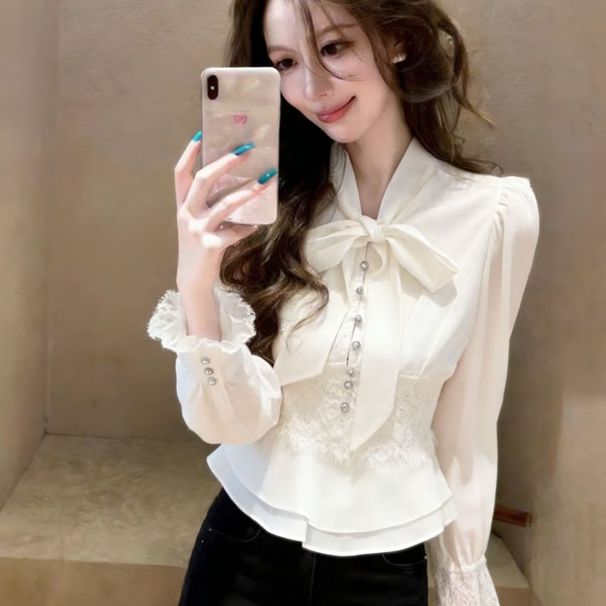 Lace-trimmed Tie-up Long-sleeve Shirt For Women, 2026 Spring And Autumn New Style, Light Luxury Fashion Shirt,_ecoleips.com