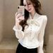 Lace-trimmed Tie-up Long-sleeve Shirt For Women, 2026 Spring And Autumn New Style, Light Luxury Fashion Shirt,_ecoleips.com