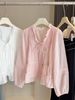 Women's Thin Ruffled V Neck Tie Waist Shirt French Style Spring Summer Top Loose Fit Lantern Sleeve Inner Layer_ecoleips.com