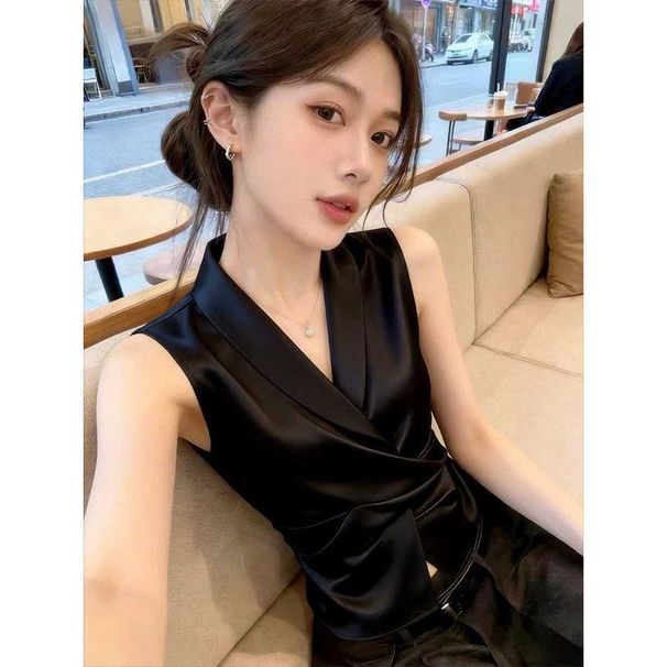 Purely Desirable Hot Girl V-neck Satin Vest Shirt Women, Niche Extremely Stylish, Slimming And Sleeveless Top For_ecoleips.com