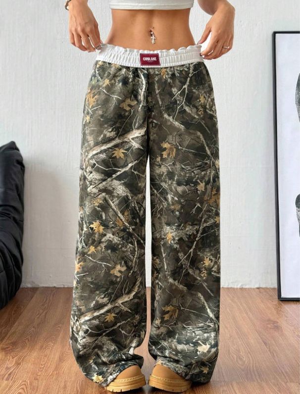 Women's Clothing Teenage Girls' Autumn Fashion Casual Stretch Waist Cinching Color Blocked Tree Branch Print Wide Leg Pants_ecoleips.com