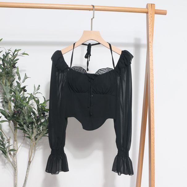 Women's Clothing Hot Girl Off-shoulder Halter Lace-up Long Sleeve Strap Chiffon Shirt Wooden Ear Backless Shirt Short Top With Chest Pad_ecoleips.com