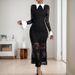 Women's Clothing Elegant Black & White Color Block Long Dress With Lapel & Lace Patchwork - Seasonless Investment Slim Fit_ecoleips.com