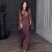 Elegant Satin Long Sleeve A-Line Dress With Batwing Sleeves & High Waist - Rose Gold & Deep Red For Office & Evening Wear_ecoleips.com