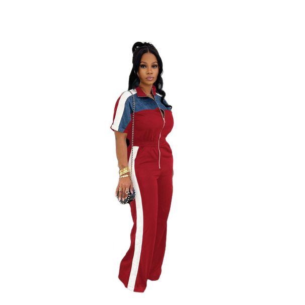 Women's Clothing Suede Fabric Denim Color Matching Stand Up Collar Short Sleeved Long Zipper Jumpsuit Trousers_ecoleips.com