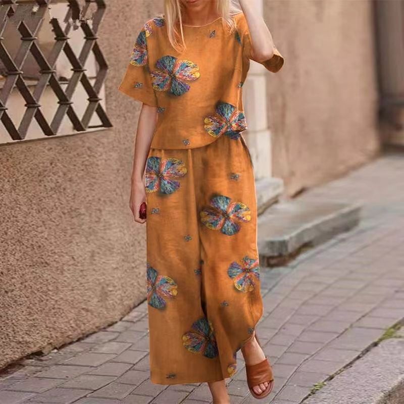 Women's Clothing Printed Cotton And Linen Job Floral Short Sleeved Casual Nine Point Pants Suit_ecoleips.com