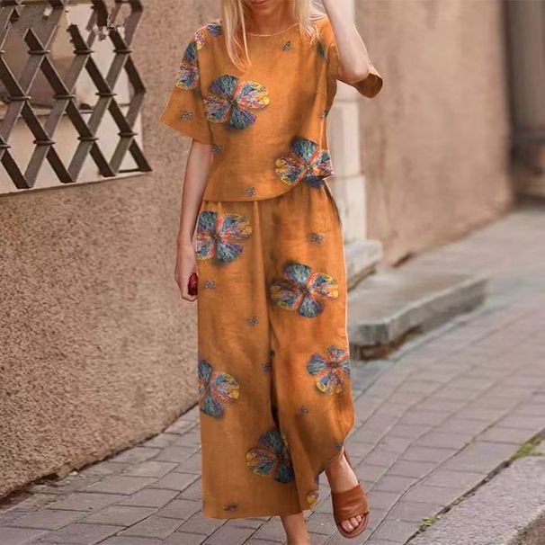 Women's Clothing Printed Cotton And Linen Job Floral Short Sleeved Casual Nine Point Pants Suit_ecoleips.com