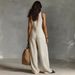 2026 New Design Sense Linen Blend Comfortable Breathable Sleeveless V-neck Low Cut Daily Casual Pants With Zipper Stand Up Collar Jumpsuit_ecoleips.com