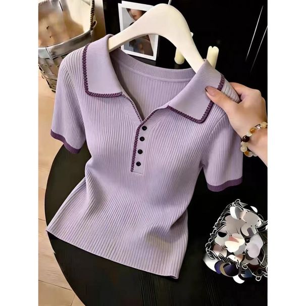 Women's Korean Style Purple V-Neck T-Shirt Short Sleeved Collared Knitted Cropped Top Summer New Arrival_ecoleips.com