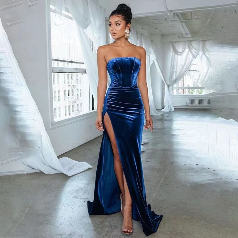 Elegant Slimming Split Tube Top Velvet Backless Dress For Women Formal Evening Party Dinner Gown_ecoleips.com