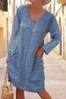 Women's Casual Long Sleeved V Neck Dress Loose Fit Solid Color Cotton Linen Pocket Detail Autumn Winter Clothing_ecoleips.com