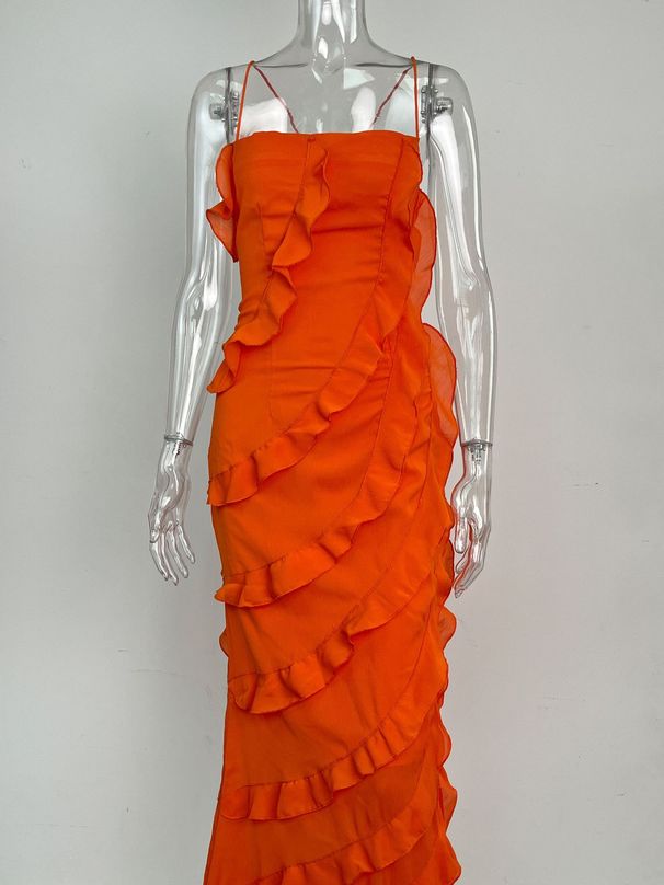 Cross-Border European And American Women's Fashion Slit Vacation Strap 2025 Summer New Lace-Up Sexy Ruffled Long Dress_ecoleips.com