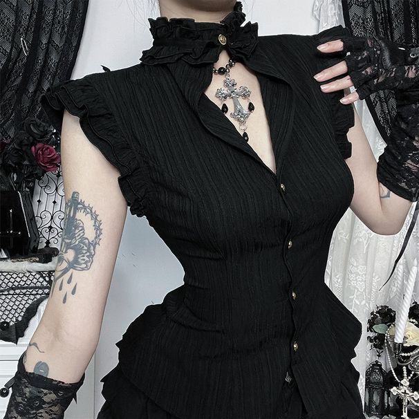 Women's Retro Open Collar Shirt CF25194 Summer New Ruffled Edge Pinch Waist Design Versatile Subculture Top_ecoleips.com