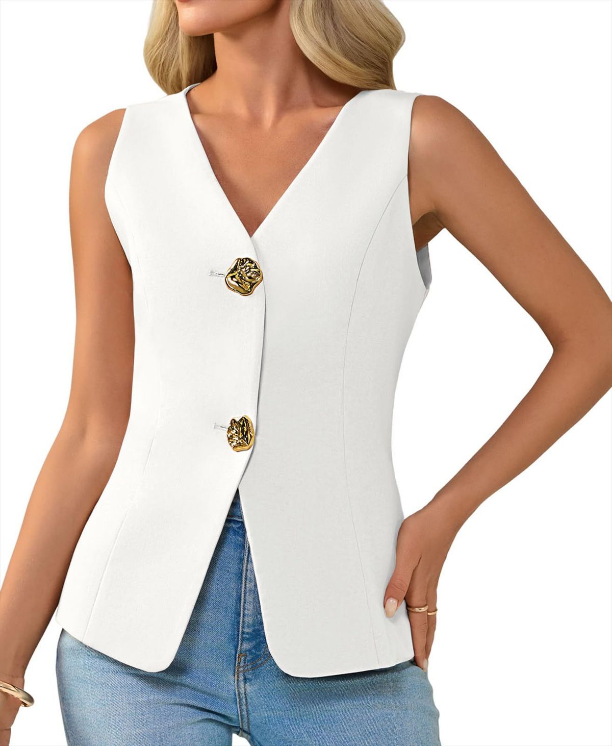 Sleeveless V-Neck Blazer Vest – Lightweight Polyester, Slim Fit, Button Front (S/M/L/XL, Black/White)_ecoleips.com