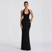 Elegant Halter Neck Bodycon Dress With Flowing Ribbon Accents - Slim-Fit Long Formal Gown In White, Black & Sky Blue (S/M/L)_ecoleips.com