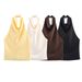 Satin-Finish Backless Halter Neck Top – Versatile Solid Color Tee For Summer (S/M/L, Polyester, Streetwear Essential)_ecoleips.com