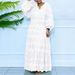 Plus Size V-Neck Bow Tie Floral Embroidered Dress – Lantern Sleeves & Pleated Maxi Dress For Women_ecoleips.com