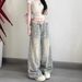 Petite American Retro Floral High-waisted Wide-leg Jeans For Women, Loose And Slimming Straight Pants With A Drapey Fit_ecoleips.com