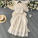Women's Clothing Celebrity Style Suit For Women Lace Hook Flower Puff Sleeve Shirt Two Piece High Waist Slim Skirt_ecoleips.com