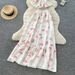 Women's Floral Print French Style Camisole Two Piece Set Slimming Waist Ruffled Details Pure Alluring Summer Look_ecoleips.com