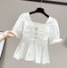 Fashionable Plus Size Women's Suit Set Square Neck Top With Fitted Waist Retro Style Ruffled Trim Jeans_ecoleips.com