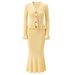 Women's Clothing Bright Yellow Fashion Fishtail Skirt Long Sleeve V Neck Two Piece Set Spring Autumn Style Trendy Women's Clothing_ecoleips.com