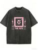 Women's Retro Rock Band Themed T-shirt, Washed Black Y2K Style Design, Printed With Pink Letter Pattern, Retro Street Style Top._ecoleips.com